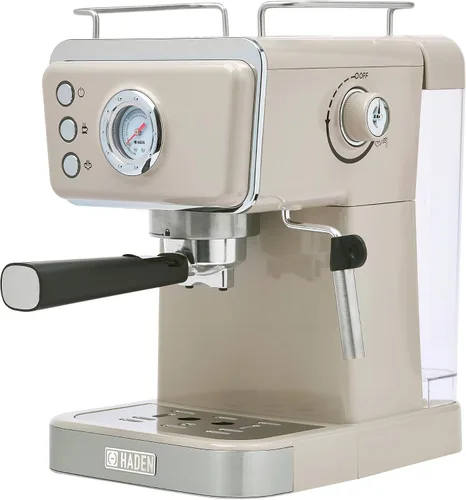 HADEN Barista Brew - Cafetera de café expreso, de acero inoxidable con espumador de leche y vaporizador y tanque de agua de 1.5 L, masilla y cobre