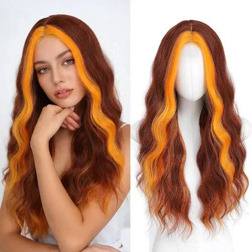 Miniatura 11 de YBYMCAI - Peluca azul larga y ondulada para mujer, parte media, peluca azul degradada de 26 pulgadas, pelo natural rizado sintético, fibra Azul