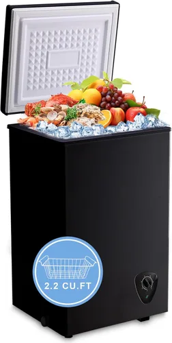 Congelador de pecho pequeño negro de 2.2 pies cúbicos de pie, control de temperatura y cesta extraíble, congelador profundo abierto, ahorro de