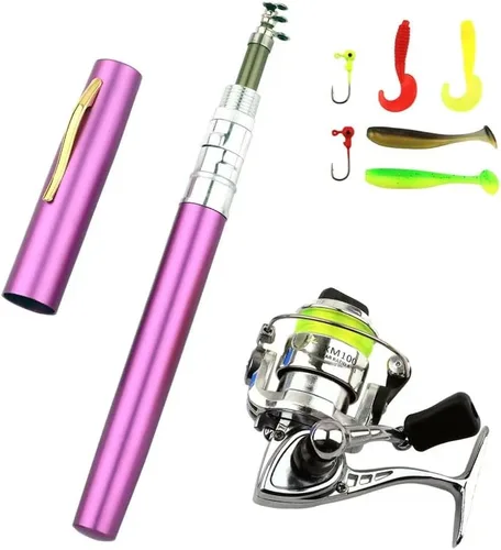 Miniatura 8 de Juego de carrete de caña de pescar con bolígrafo, mini bolsillo portátil plegable, kit de caña de pescar con carrete giratorio aleación de aluminio