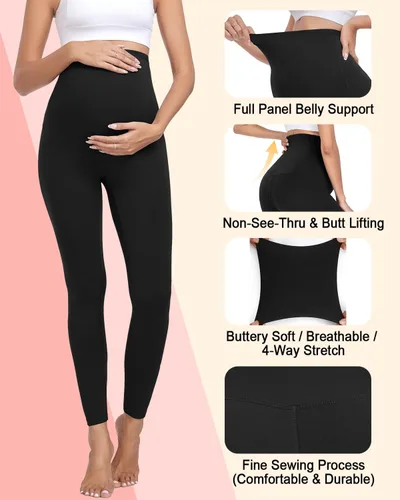 Miniatura 4 de Paquete de 2 leggings de maternidad sobre el vientre, pantalones de yoga para embarazo, suaves, no se transparentan, leggings de entrenamiento