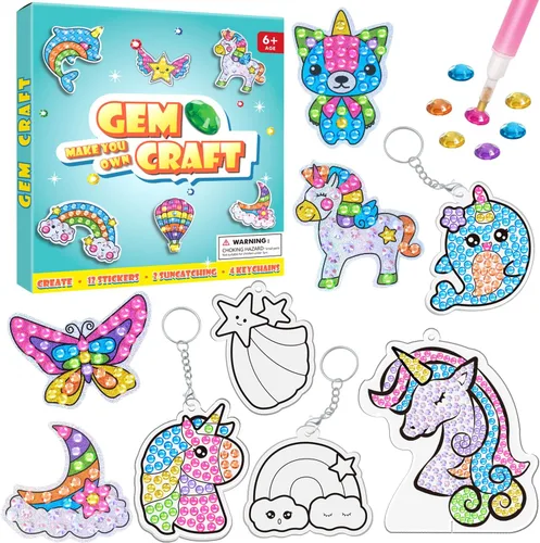 WAHFNG Gem Art, Kit de Pintura de Diamantes para Niños - Crea Tus Propios Adhesivos, Llaveros y Atrapadores de Sol - Artes y Manualidades para Niñas