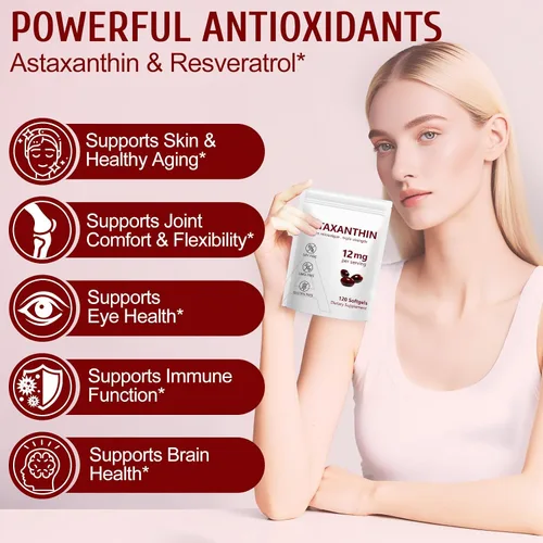 Miniatura 5 de Paquete de 2 suplementos antioxidantes de astaxantina de 12 mg de alta calidad con actividad antioxidante, apoya los ojos, el sistema inmunológico