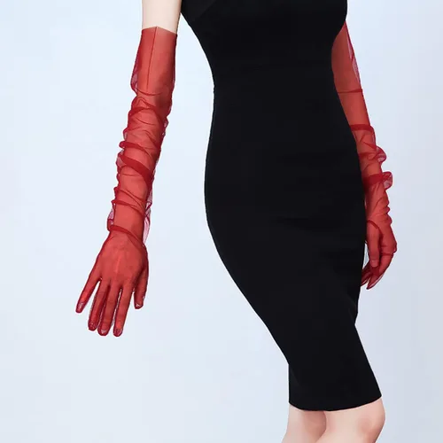 Miniatura 4 de Guantes largos de tul para mujer, color sólido, longitud del codo, 27 pulgadas, guantes transparentes