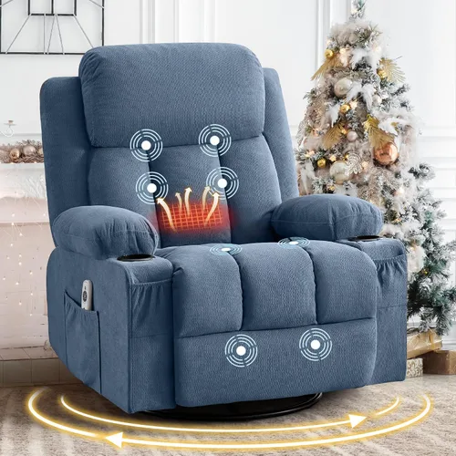 Silla reclinable giratoria con masaje por vibración y calor, reclinable de 150° y balanceo suave, capacidad de 350 libras con bolsillo lateral y