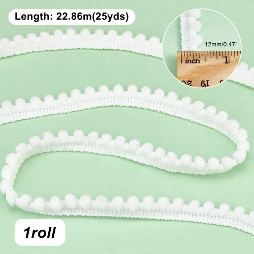 Miniatura 2 de PH PandaHall 25 yardas, pompones, adornos de flecos, 1/2 pulgada (0.472 in), borde único, cinta de coser blanca, pompones para manualidades, Blanco