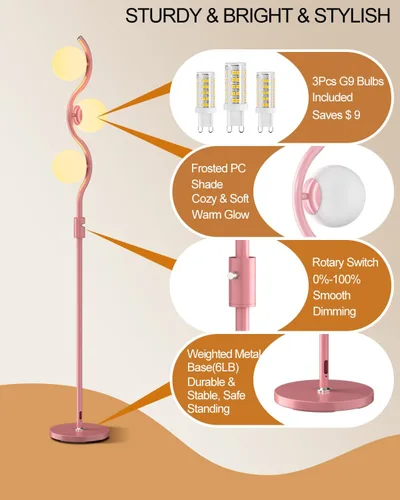 Miniatura 3 de Lightdot Lámpara de pie rosa regulable de 60 pulgadas, lámparas de pie de mediados de siglo con 3 bombillas G9 de 3000 K de color blanco cálido, 3