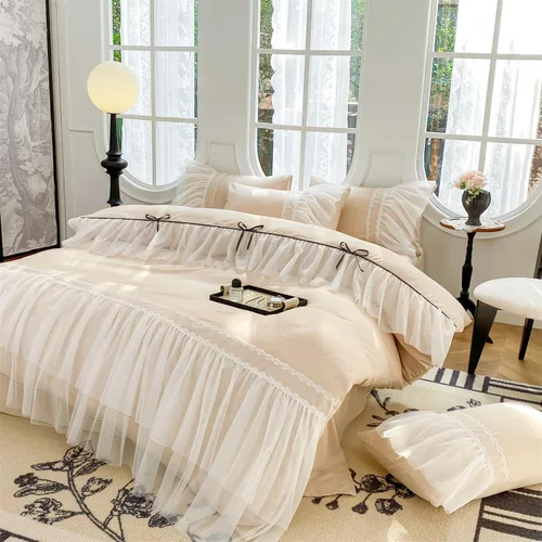Miniatura 9 de SOUKECHY Juego de funda de edredón de encaje con volantes, ropa de cama elegante con lazo, ropa de cama de princesa para niños, 100% poliéster