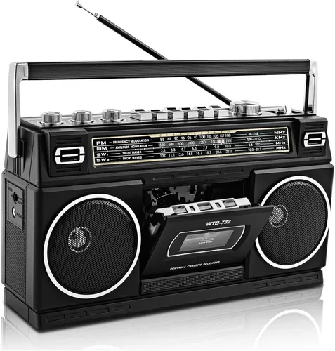 Boombox portátil estilo retro clásico de los años 80 con reproductor grabador de casete, radio AM/FM/SW1/SW2, Bluetooth, ranuras USB/Micro SD,