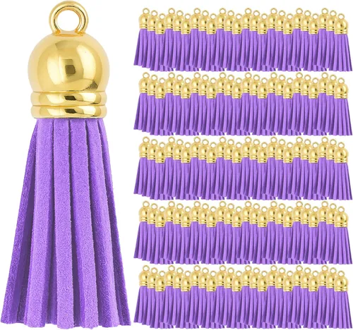 Miniatura 41 de Mandala Crafts 100 borlas de gamuza sintética color aguamarina con tapa dorada, suministros para hacer llaveros a granel, pequeñas borlas de cuero