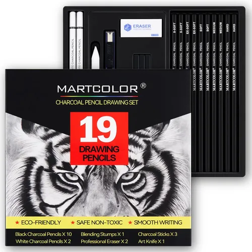 Juego de Dibujo con Carbón MARTCOLOR, 19 Piezas, Lápices de Carbón Blanco y Negro para Dibujar, Bocetos, Sombreado, Mezcla, Lápices de Artista para