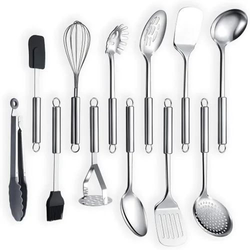 Miniatura 9 de Berglander Juego de utensilios de cocina de acero inoxidable de 13 piezas con soporte, incluye cuchara de cocina, espátula, batidor, pinza de B. 13