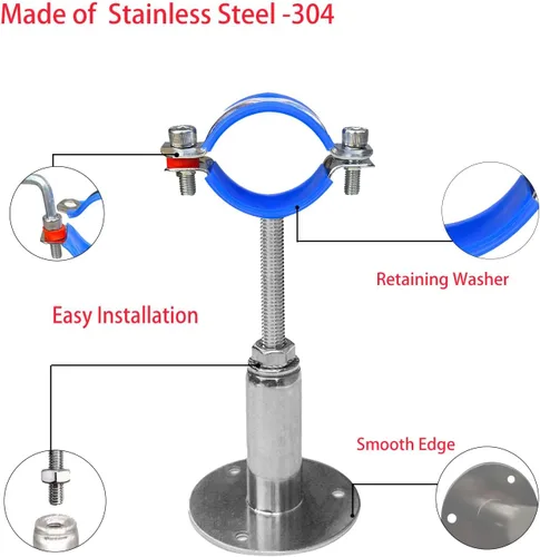 Miniatura 4 de Soportes de tubería de montaje en techo para montaje en pared, abrazaderas de tubo ajustables, perchas, acero inoxidable 304, 2 piezas adecuadas