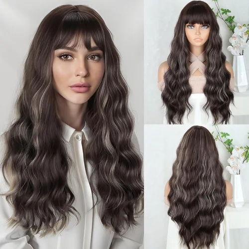 Miniatura 8 de Peluca larga de color rubio ceniza con flequillo, pelucas onduladas y rizadas gris rubio de aspecto natural, peluca de fibra sintética resistente al