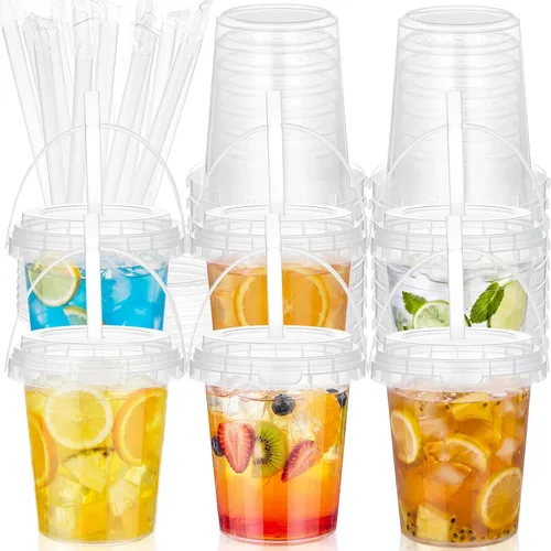 Miniatura 10 de Willinglong Juego de 20 cubos de plástico transparente de 16 onzas para bebidas con pajitas, tapas y jeringas para bebidas, tazas de café helado