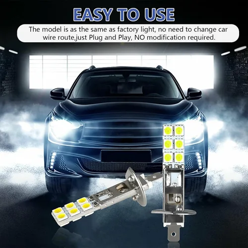 Miniatura 5 de 4 lámparas antiniebla LED H1 para automóvil, 2.4 pulgadas x 0.4 pulgadas, metal súper brillante 12SMD-5050 chip Plug and Play, bombillas LED de haz