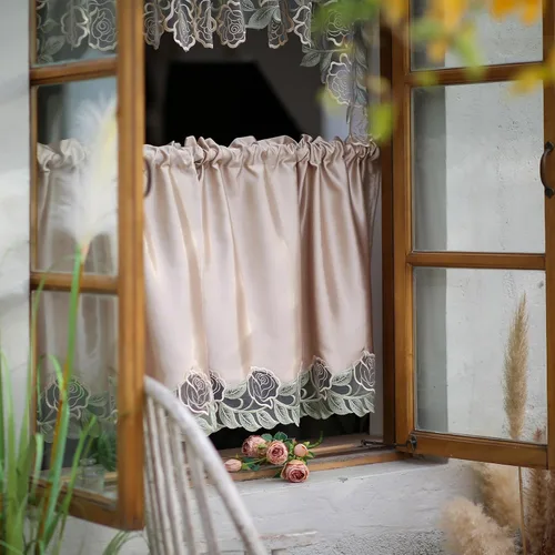 Miniatura 7 de SUTAVIA Juego de 2 cortinas clásicas de encaje rosa para cocina, cortinas de cafetería, cortinas de satén dorado con bolsillo para barra
