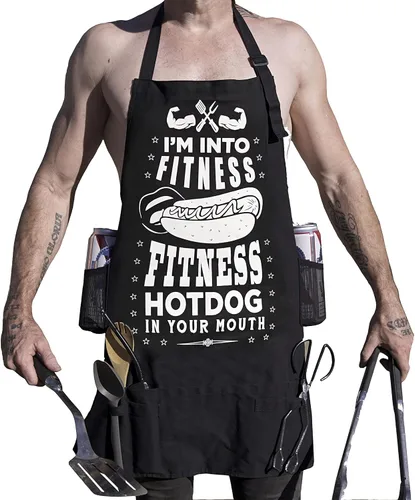 "FITNESS HOTDOG - Dirty Funny Trashy Sexy Nasty BBQ Delantal - 100% Lona - 5 Bolsillos - 4 bucles para herramientas - 2 soportes para cerveza