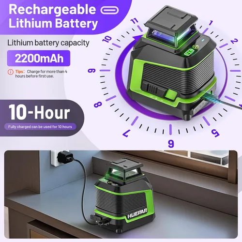 Miniatura 3 de Nivel Láser de 360°, HUEPAR 82-165 Pies 3 Niveles de Brillo Nivel Láser Autonivelante con Modo de Pulso, Láser Púrpura de Alta Penetración Batería