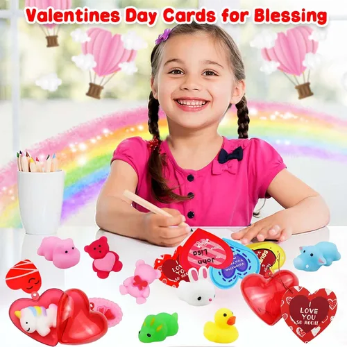 Miniatura 4 de Paquete de 28 regalos para el día de San Valentín para el aula de niños, juguetes blandos Mochi prellenados con tarjetas de San Valentín para niños