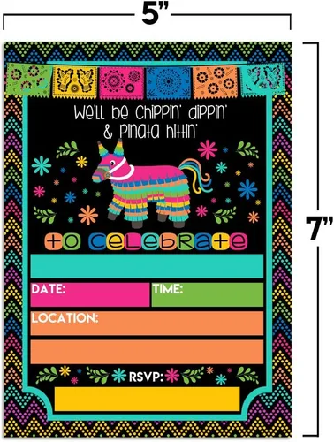 Miniatura 5 de Chippin', Dippin' & Pinata Hittin' Neon Fiesta Invitaciones para fiesta de cumpleaños, 20 tarjetas de relleno de 5 x 7 con veinte sobres blancos por