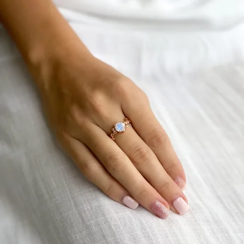 Miniatura 7 de ASANA - Anillo de compromiso único de piedra lunar para mujer, oro rosa de 14 quilates sobre plata de ley, anillo de compromiso único, banda