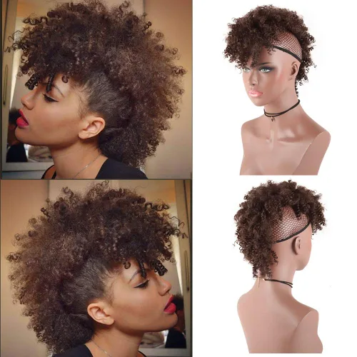 Miniatura 6 de Aisaide Cola de caballo afro Mohawk alta con flequillo sin cordón, extensión de cola de caballo corta rizada sin cordón, clip sintético en moño