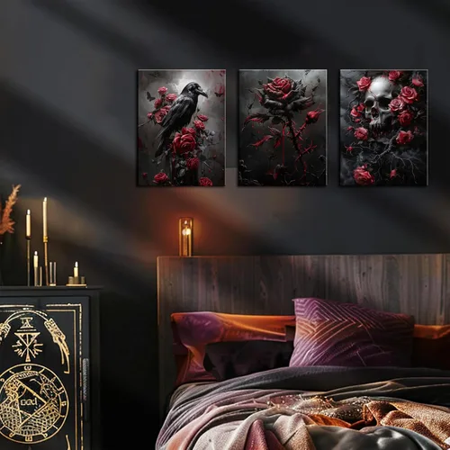 Miniatura 2 de Juego de 3 lienzos góticos para pared, diseño de rosas románticas de Halloween, decoración de pared, pósteres de calavera de cuervo gótico oscuro