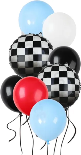 Miniatura 8 de Paquete de Globos de Coche de Carreras Globos a Cuadros Azules y Negros de Látex para Niños Un Feliz Primero, Segundo, Vintage, Dos, Rápidos, Un