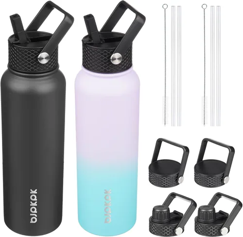 Miniatura 15 de BJPKPK Paquete de 2 botellas de agua aisladas con tapas con pajita, botella de agua de metal de acero inoxidable de 18oz con 6 tapas, jarras a