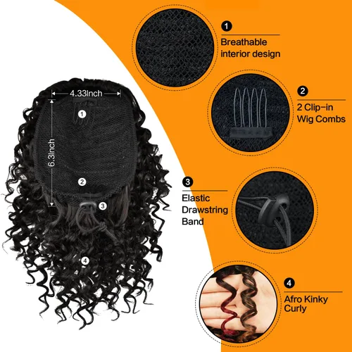 Miniatura 3 de PEACOCO Cola de caballo afro rizada con cordón para mujeres negras, extensiones de cola de caballo afro de 6 pulgadas, cabello sintético