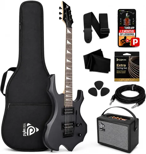 Pyle Heavy Metal EG Fire Guitarra Eléctrica de Metal con Kit de Amplificador, Instrumento de Tamaño Completo con Amplificador de Práctica y