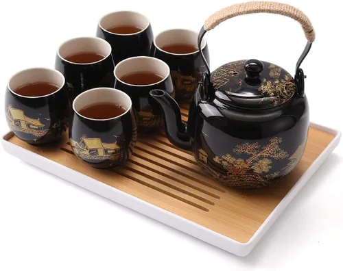 Dujust Juego de Té Japonés, Juego de Té de Porcelana Negra con 1 Tetera, 6 Tazas de Té, 1 Bandeja de Té, 1 Infusor de Acero Inoxidable, Hermosos