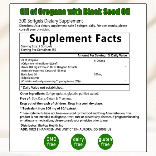 Miniatura 3 de Aceite de orégano con aceite de semilla negra, cápsulas de aceite de orégano orgánico, suplemento puro y natural, apoyo inmunológico Mejora