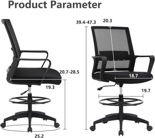 Miniatura 7 de PayLessHere Silla de dibujo Negro Silla de oficina alta con altura de asiento ajustable y reposapiés, respaldo de malla ergonómico, soporte