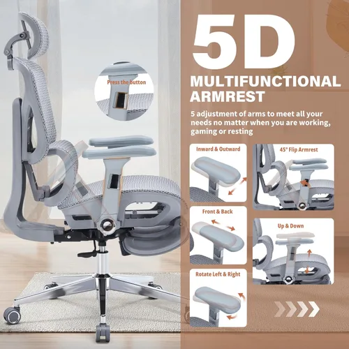 Miniatura 4 de Silla de oficina ergonómica con reposapiés, silla de escritorio de malla resistente de 400 libras, reposabrazos 5D, lumbar 3D, respaldo de 5 Gris