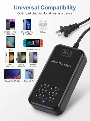 Miniatura 3 de Estación de carga USB, estación de carga de escritorio de 6 puertos para múltiples dispositivos, regleta de alimentación de pared con interruptor