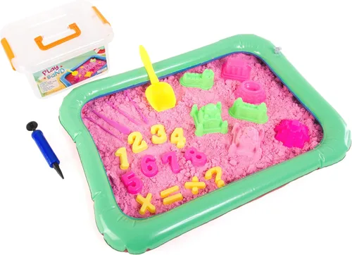 Play Sand Kit - Juguete sensorial de arena de juego de 32 piezas con 3.3 libras de arena mágica de colores, caja de arena inflable, moldes de