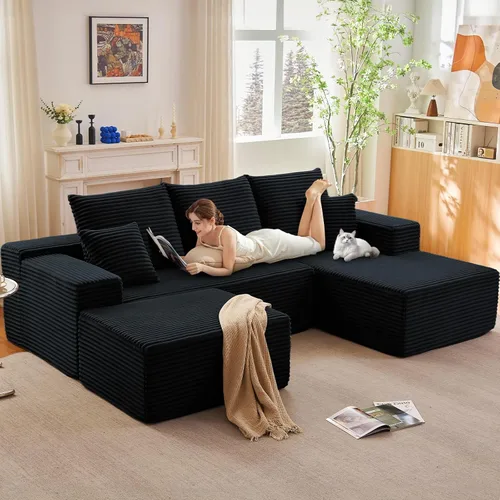 Miniatura 86 de Sofá modular de 95 pulgadas con otomana, moderno sofá nube de pana con asiento profundo, sofá sin hueso tapizado de 3 plazas en forma de U para sala