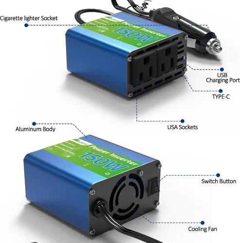 Miniatura 4 de Inversor de corriente de 150 W – Adaptador de vehículo convertidor de enchufe de 12 V a 110 V, adaptador de enchufe de coche de 300 W pico con 2