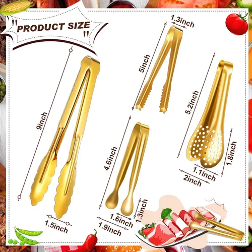 Miniatura 2 de Sawysine 12 pinzas para servir utensilios de servir, mini pinzas de acero inoxidable, aperitivo, juguete de cocina, azúcar, hielo, alimentos, Dorado