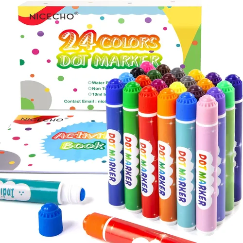 Nicecho Marcadores de puntos, marcadores de puntos lavables, juego de marcadores de pintura de bingo de 24 colores con libro de actividades gratis
