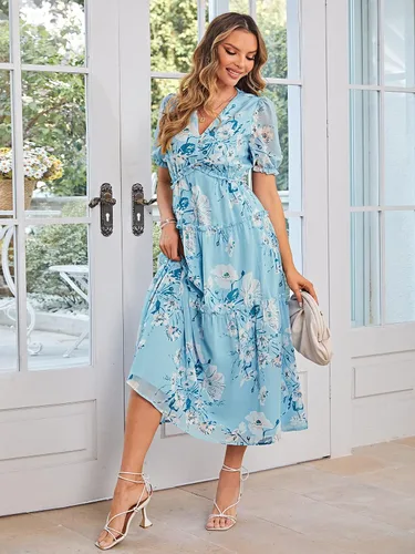 Miniatura 3 de Amegoya - Vestido largo casual de manga corta con cuello en V para mujer, diseño floral, estilo bohemio, para la playa, sesión de fotos, con volantes