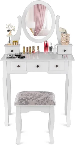 Miniatura 10 de Set de mesa de tocador Giantex con 8 bombillas y interruptor táctil, mesa de maquillaje para niñas princesa con espejo redondo grande, 2 cajones