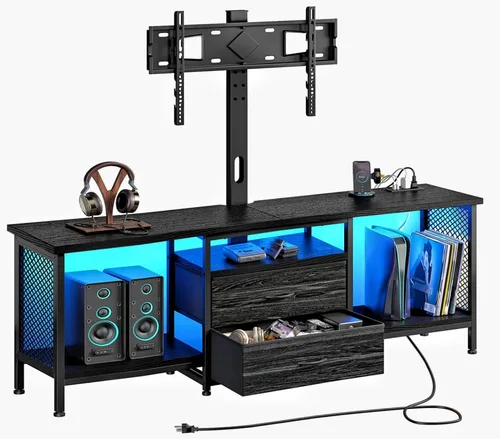 Soporte de TV de 55 pulgadas de ancho con soporte y toma de corriente para TV de 32/45/55/60/65 pulgadas, consola LED giratoria y ajustable con 2