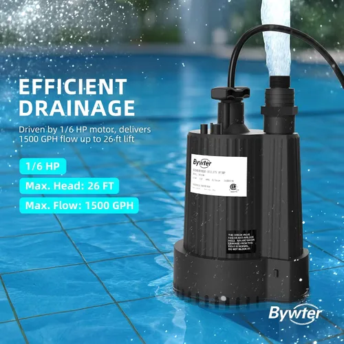 Miniatura 5 de Bomba de agua sumergible de 1/6 HP, bomba de sumidero de 1500 GPH con carcasa termoplástica, bomba de agua eléctrica portátil de 115 V con cable
