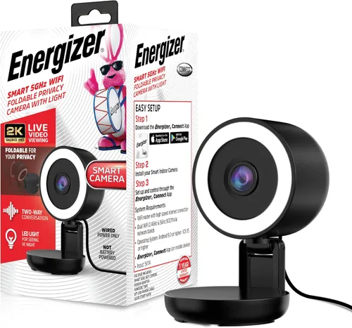 Energizer Cámara interior inteligente con cable 2K con luz para visión nocturna, Wi-Fi de 5 GHz y 2.4 GHz, plegable para privacidad, acceso remoto,