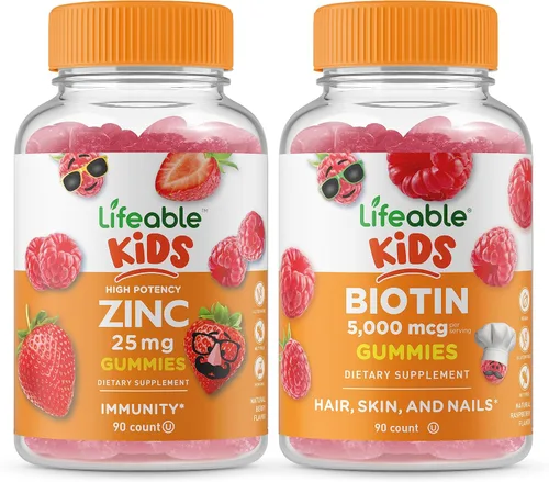 Lifeable Zinc 25mg Kids + Biotin Kids, paquete de gomitas – Gran sabor, suplemento vitamínico, sin gluten, sin OMG, gomita masticable