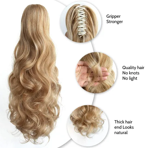 Miniatura 4 de Extensión de cola de caballo ondulada y rizada de 20 pulgadas de largo, peluca sintética de cola de caballo falsa con clip, extensiones de cabello