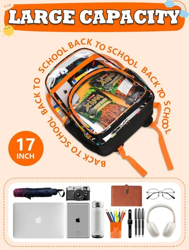 Miniatura 6 de BLUEFAIRY Mochila transparente para escuela, estadio, mochila transparente aprobada para niños, resistente PVC, bolsa grande transparente, Naranja